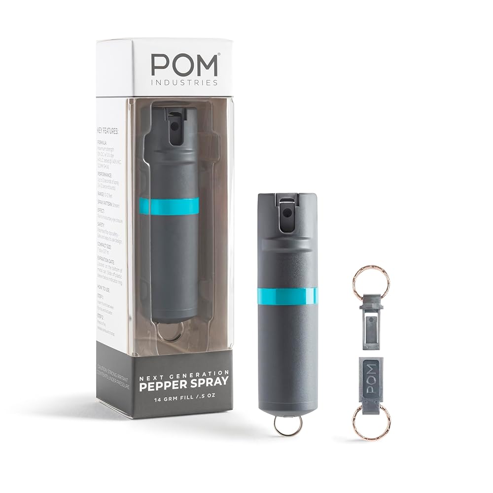 POM Pepper Spray Keychain, Quick Key Release for Instant Access, Flip Top Safety, Maximum Strength OC Formula with UV Marking Dye, 25 Bursts, 10 ft Range, 0.5 fl oz