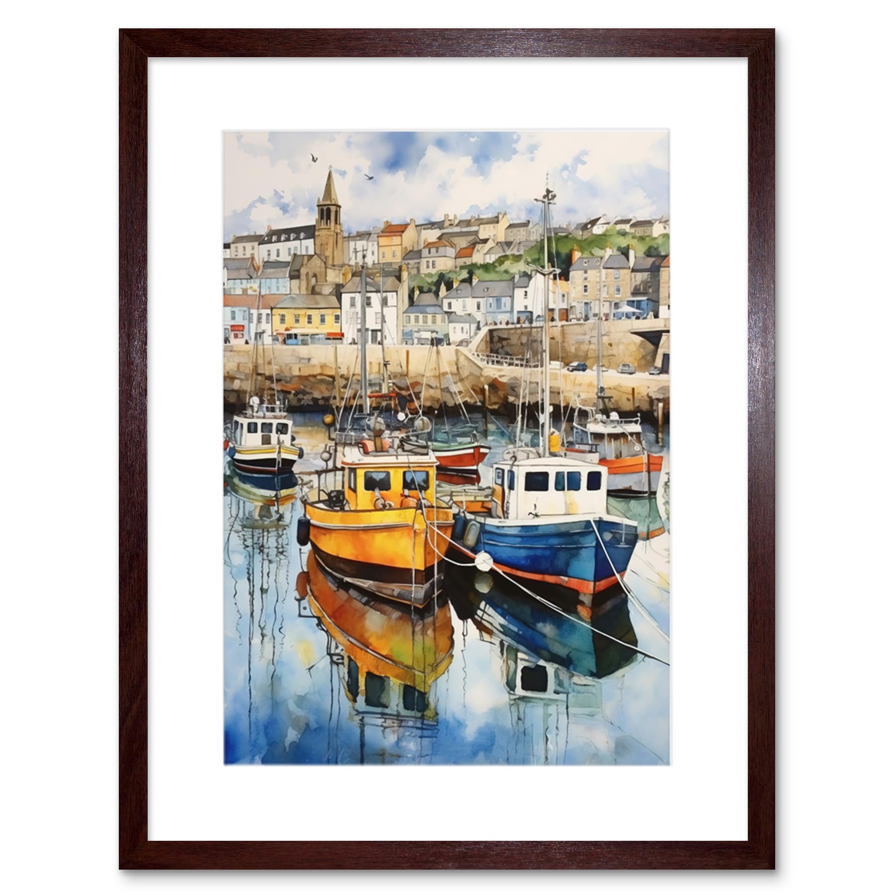 Artery8 Penzance Harbour Trawler Boats Promenade Watercolour Painting Cornwall Coastal Townscape Artwork Framed Wall Art Print 9X7 Inch