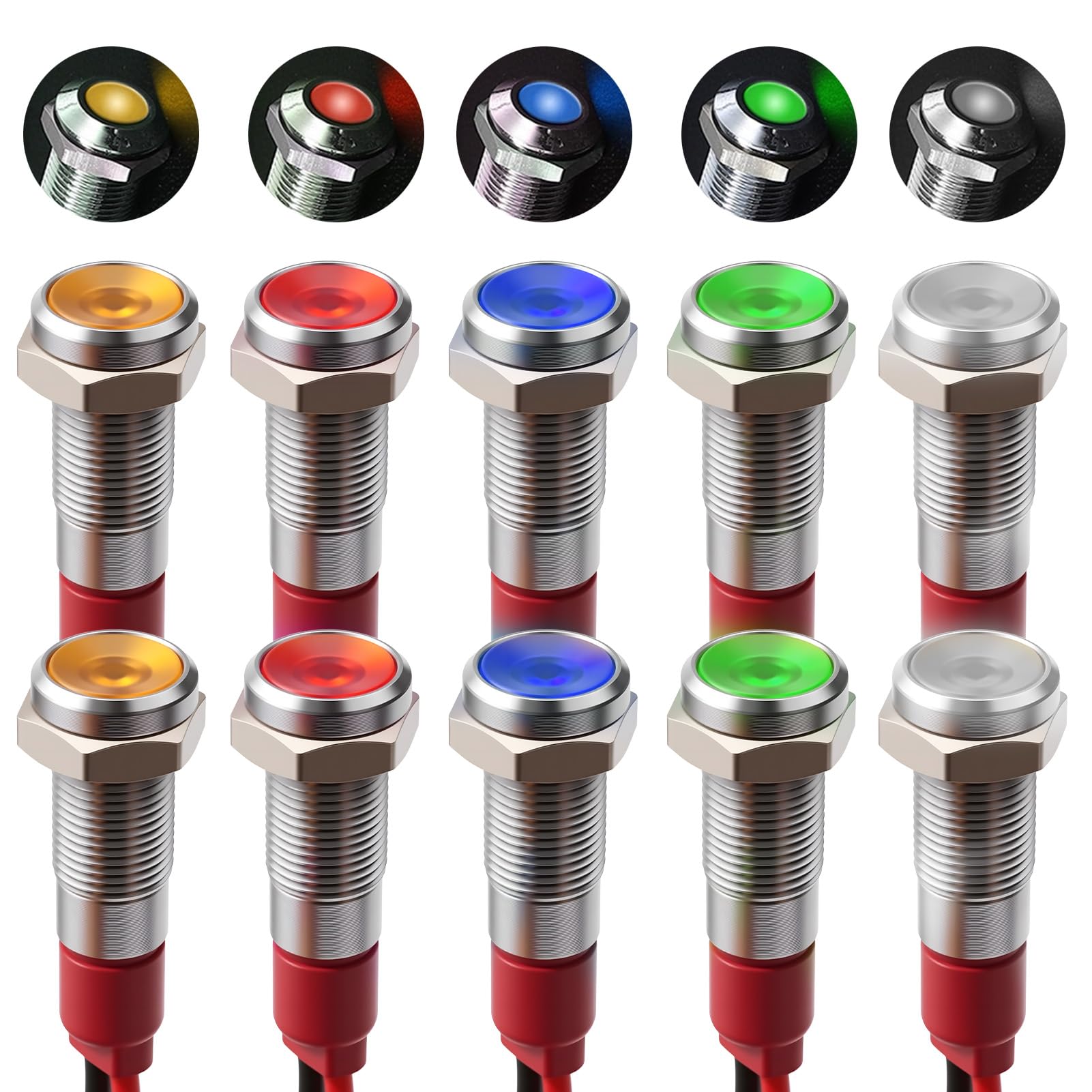 6mm Indicatore LED 10Pcs AC/DC 12-24 V LED Spia in Metallo Lampada di Segnalazione Impermeabile 2 di Ogni Colore Rosso/Verde/Giallo/Bianco/Blu Indicatore Luminoso per Moto, furgoni, Automobili