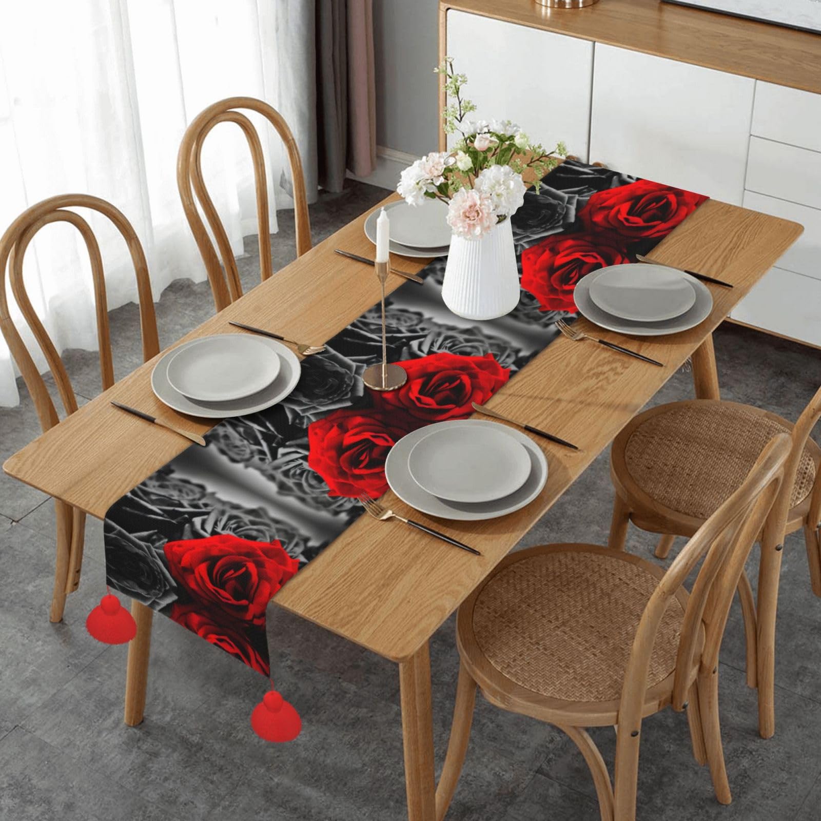 Camino de mesa con borlas y rosas negras, blancas y rojas, camino de mesa clásico para cocina, mesa de comedor para Navidad