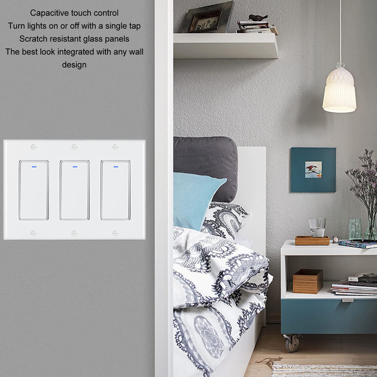 Cocoarm Interruptor de Pared WiFi Inteligente, Interruptor de Luz de Pared WiFi Táctil para PC AC100 a 240 V Unipolar 3 Bandas, Aplicación Remota Control de Temporizador de Voz para el Hogar,