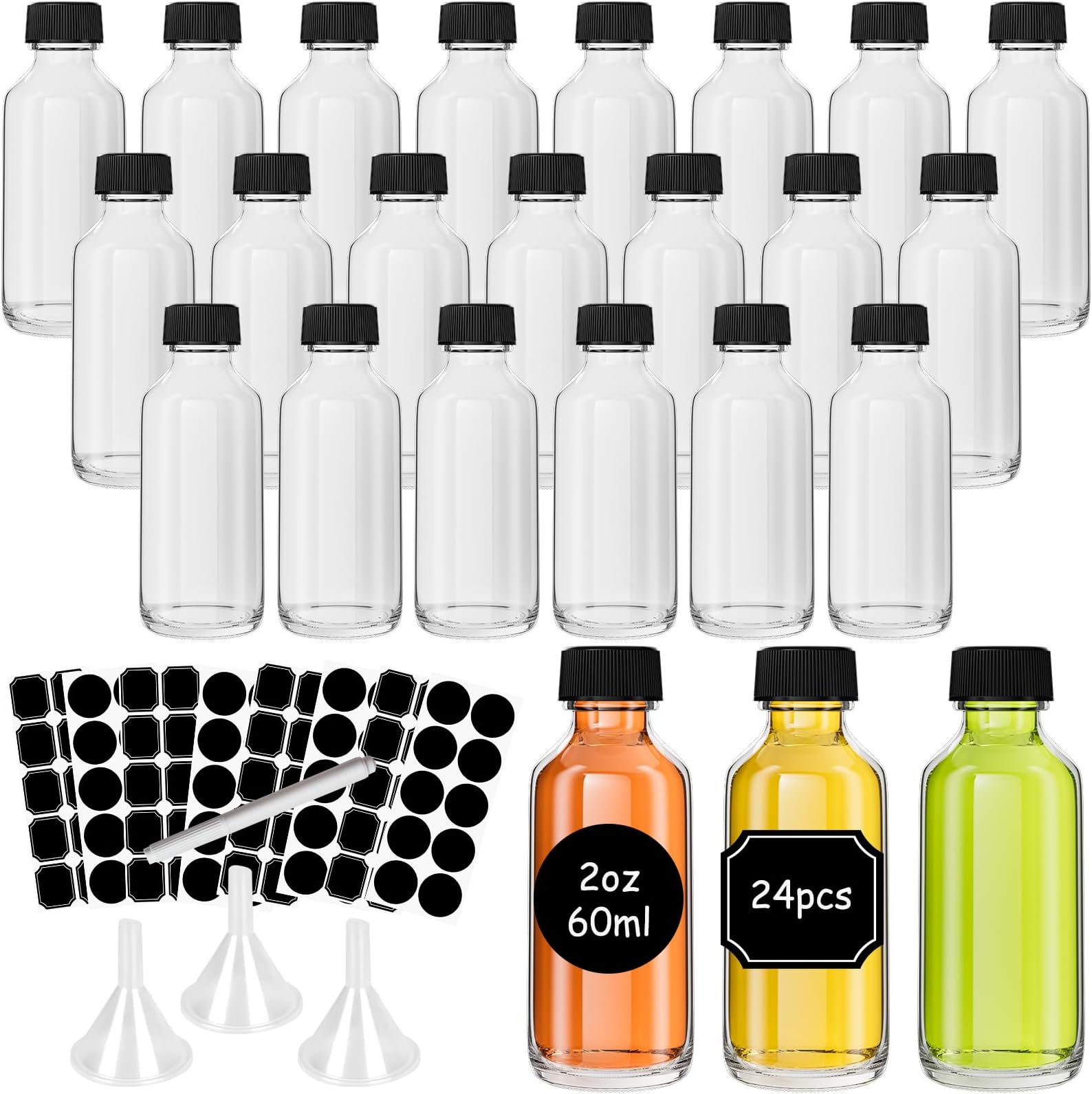 Yishik 2 oz Clear Glass Bottles with Funnel,24 Pack Glass Shot Bottles with lids,60ml Round Boston Bottles for Wine Dispensing,Juice Shots with Airtight Caps for Party Favours,Drinks Storage