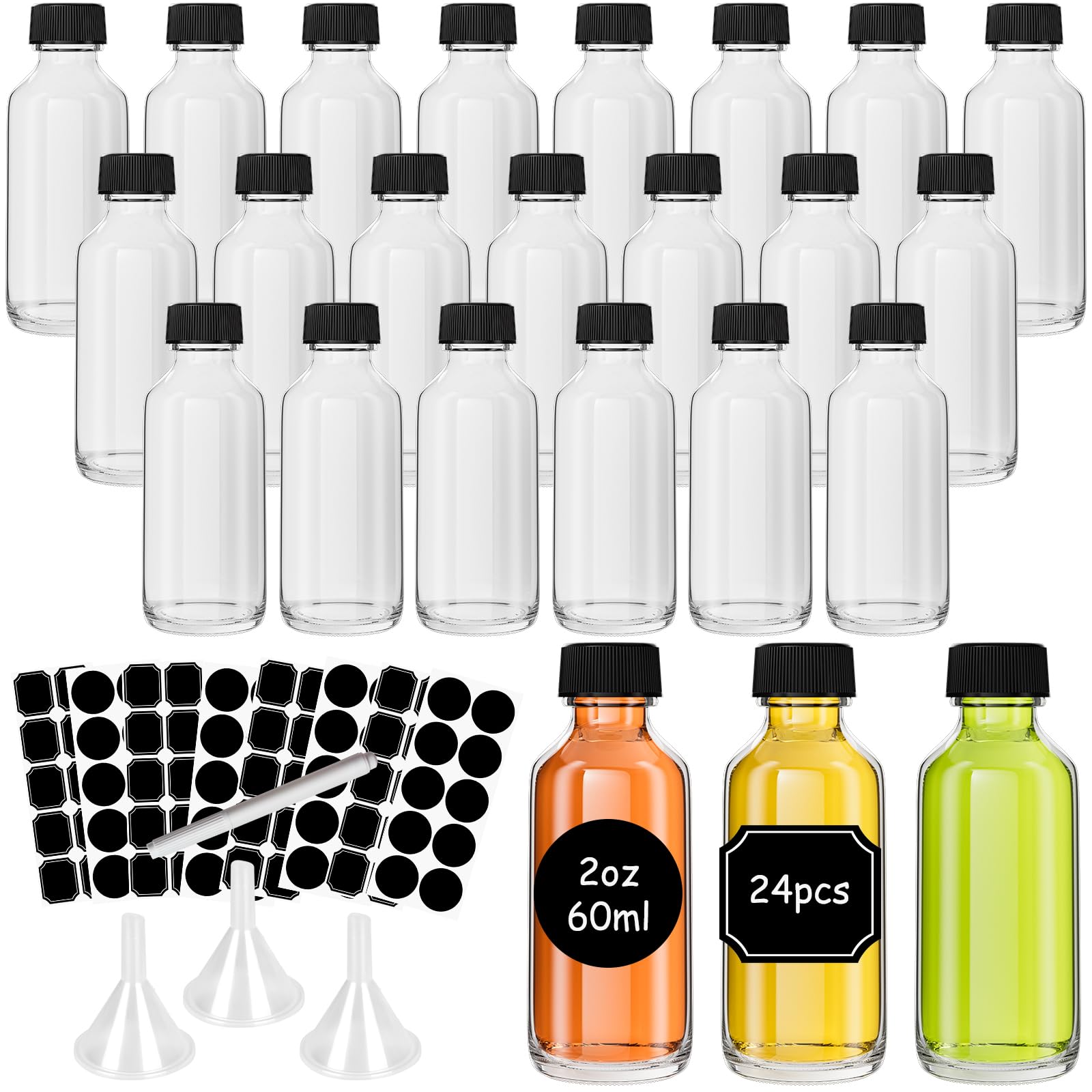 Yishik 2 oz Clear Glass Bottles with Funnel,24 Pack Glass Shot Bottles with lids,60ml Round Boston Bottles for Wine Dispensing,Juice Shots with Airtight Caps for Party Favours,Drinks Storage