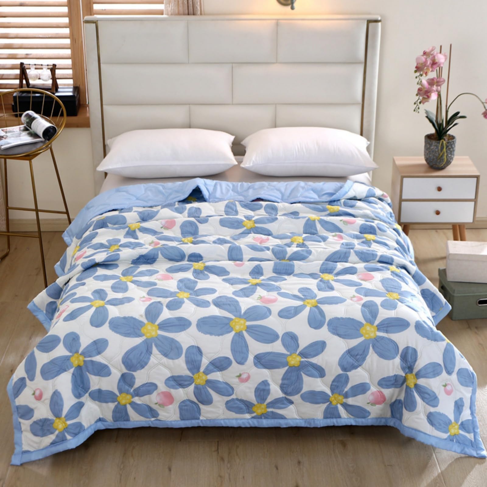 Hiseng Floral Print Quilted Bedspreads Single Double King Size, 2.5 Tog Soft Coverless Duvet, Lightweight Bed Throws, Reversible Summer Quilted for Sofa Bed (Blue flowers 01,100x150cm)