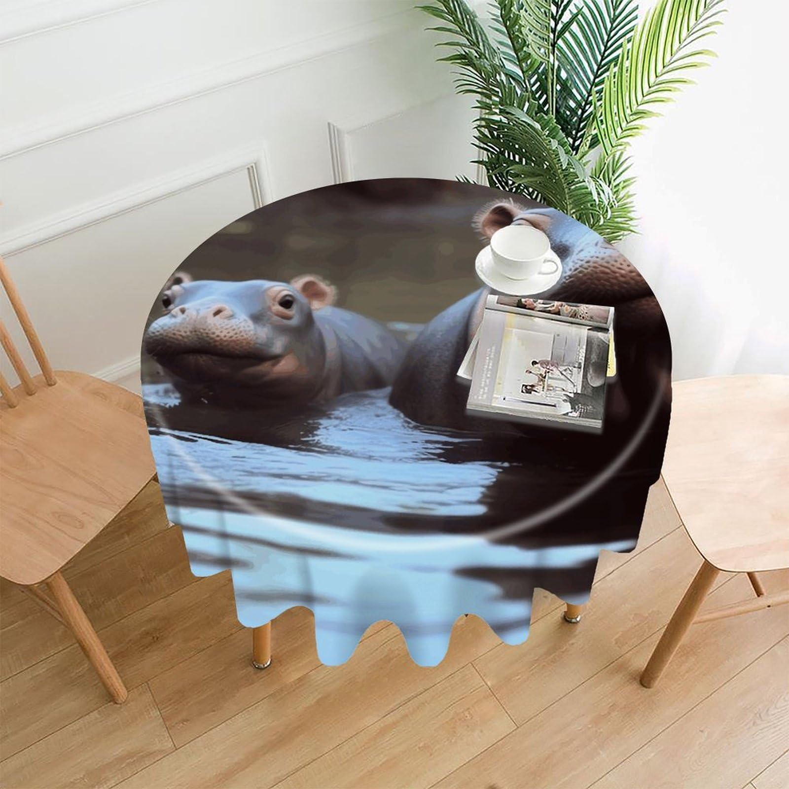 Hippos Tablecloth Exquisite Wrinkle-Free Straight-Edge Round Table Cloth Anti-Fading Premium Polyester Tablecloth Waterproof Folding Table Cloths for Tables Decor