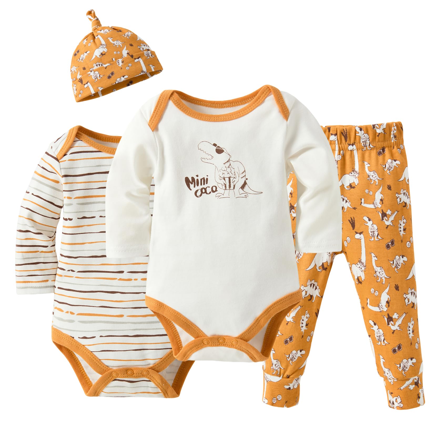 Minicoco Baby Boys Infant Layette Set Cartoon 4-Piece Bodysuits Pants Set Baby Essentials Gift Set 100% Cotton