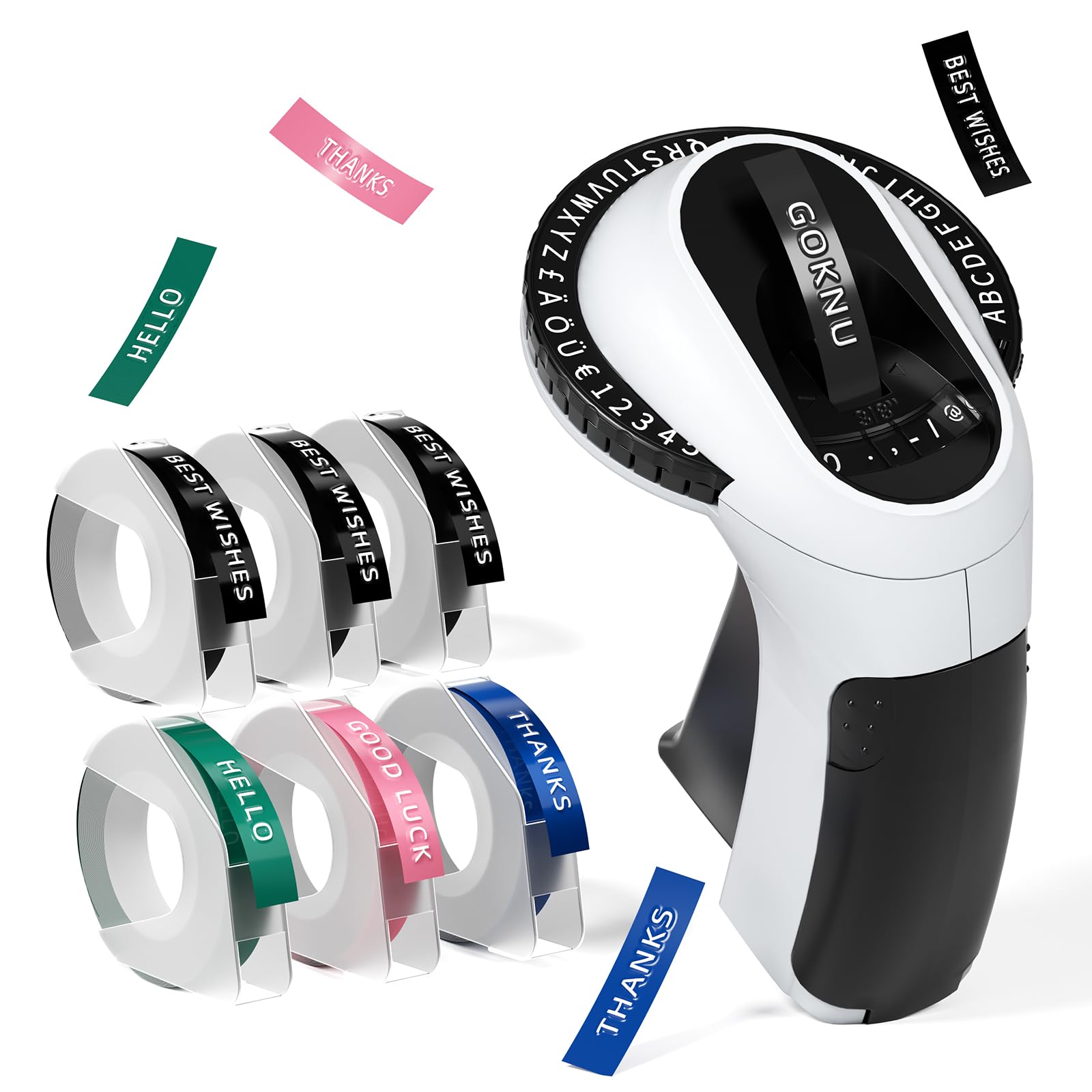Embossing Label Maker Machine, E975 Embossed Label Makers with 6 Waterproof Tapes 3/8"(9mm), 3D Retro Handheld Label Printer Manual Embosser Labeller for Kitchen, Food, Office DIY Kids School Black