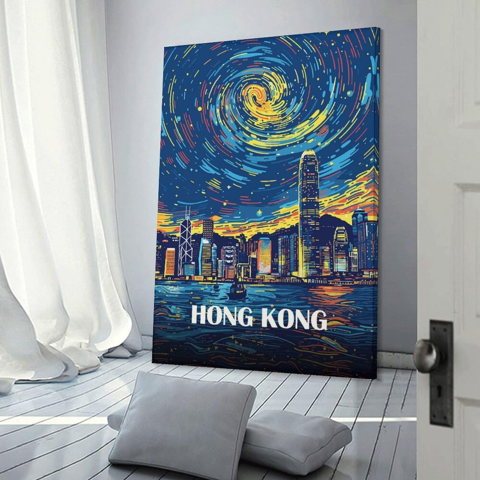 Junmoney Hong Kong Cityscape Night Art Room Decor Wall Art, 20x30inch(50x75cm), for Entrance Walls, Hall Decor Or Foyers, A Neat Decor Update for Hallways