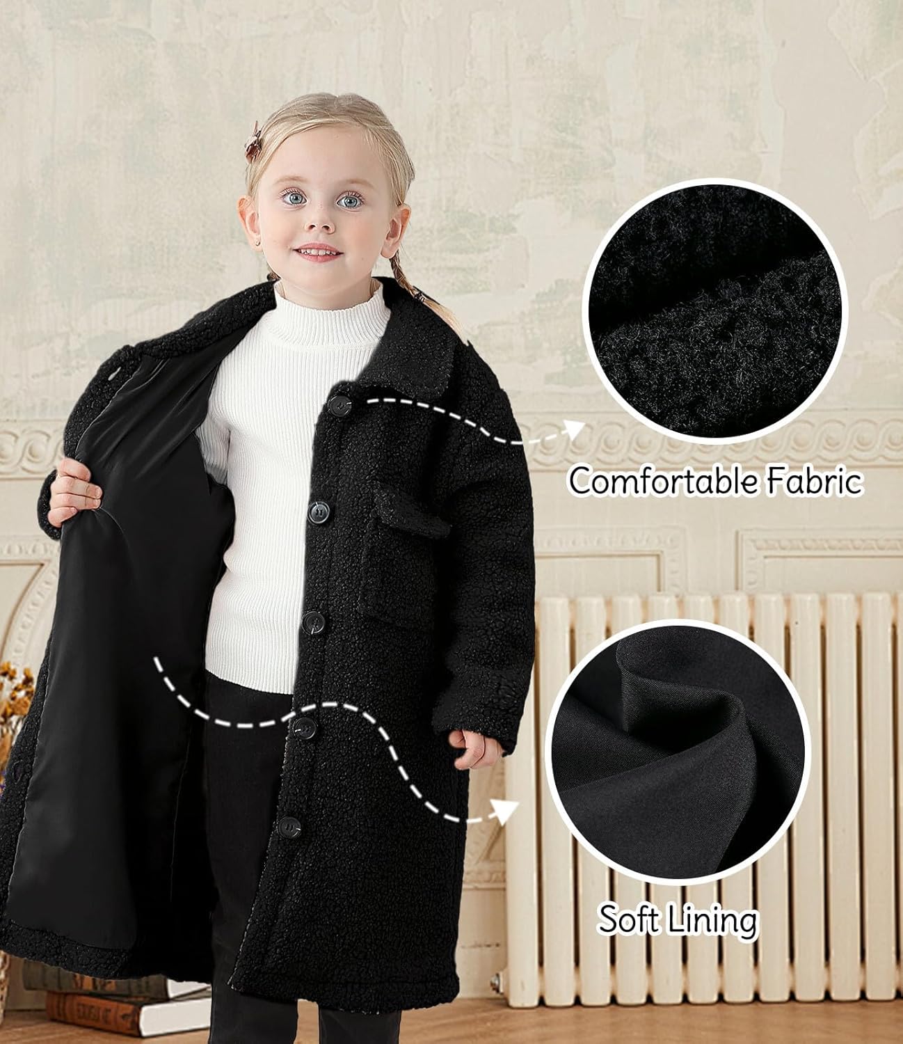 Long Coat for Girls Fleece Jackets 4-7 Years Knee-Length Lightweight Coats - Image 5