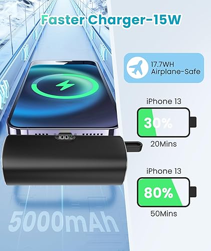 Miniatura 5 de Banco de energía pequeño cable USB C integrado para iPhone 15 Pro Max, cargador portátil de 5000 mAh, batería trasera USB C, cargador ultracompacto