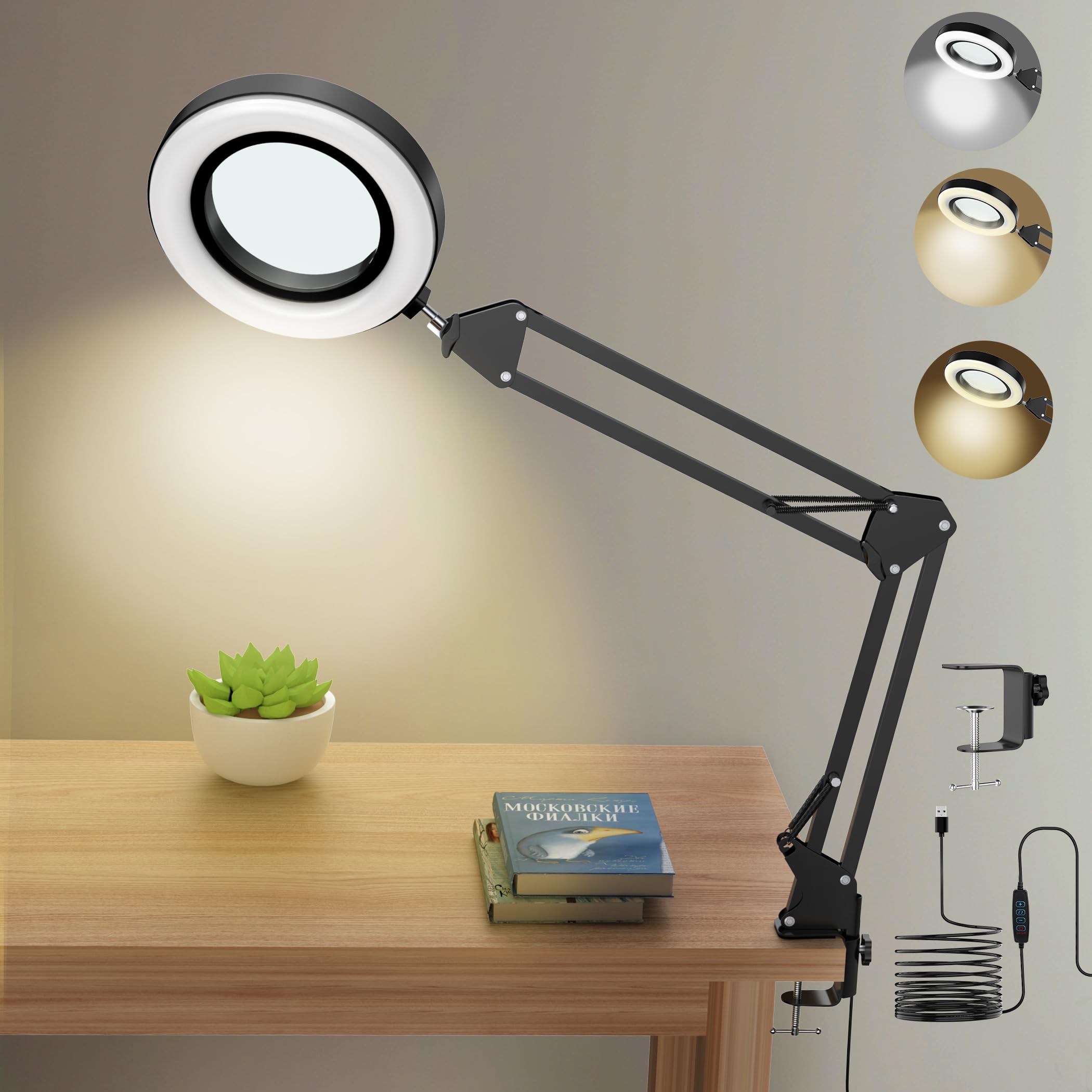 weswose10 x Clip-on Magnifying Glass with Light and Stand: High Resolution Adjustable Magnifying Lamp, 72 LED, 3 Colour Modes, for Professionals & Hobbyists (Black)