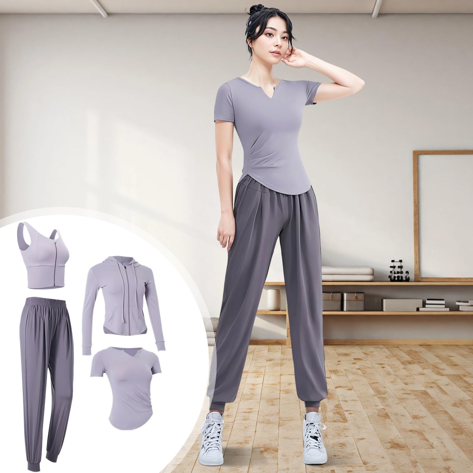 Conjunto de entrenamiento de 4 piezas para mujer que absorbe el sudor, manga larga, tela transpirable, incluye brasier, pantalones, chaqueta y pantalones cortos