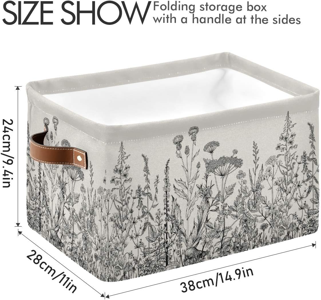 Black and White Flowers Storage Baskets,Decorative Collapsible Rectangular Canvas Fabric Storage Bin for Home, 2PACK