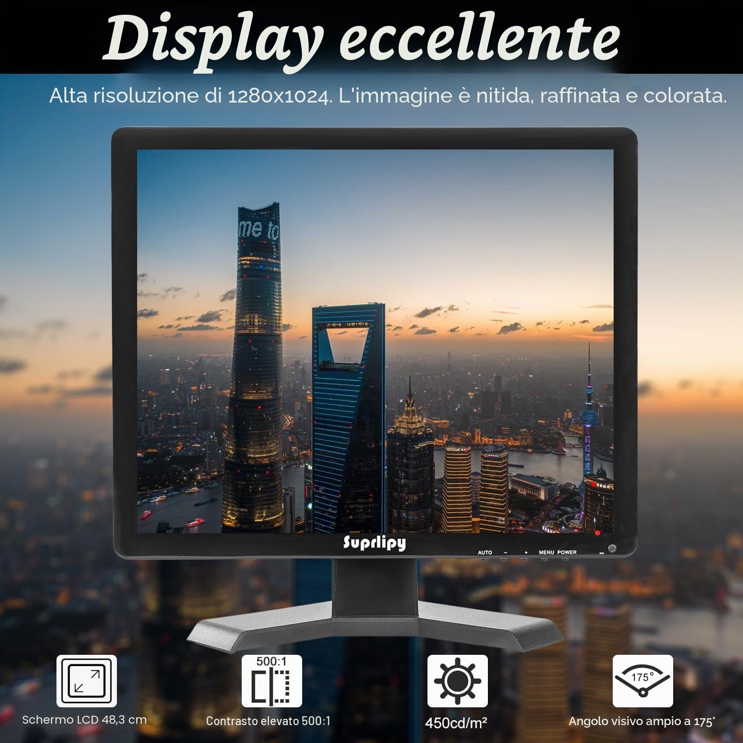 Monitor di sicurezza CCTV TFT LCD da 19 pollici, 1280 x 1024, 4:3, schermo a colori, HDMI, VGA, AV, BNC, ingresso con telecomando, altoparlanti integrati per telecamera di sorveglianza