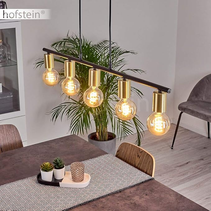 hofstein Hanglamp Tulla, 5-lamps hanglamp van metaal in de kleuren zwart en messing, moderne langwerpige kamerlamp, 5 x E27, zonder gloeilampen photo 2