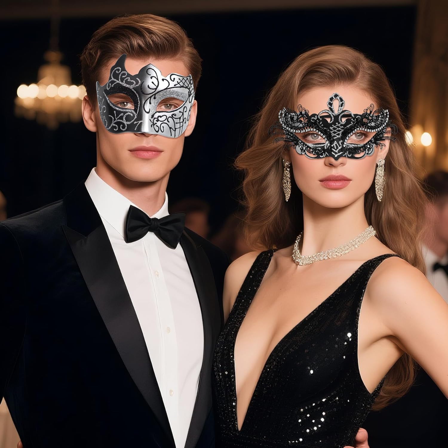 OIDEA Masquerade Mask Couples Set: Rhinestones Metal Cosplay Venetian Party Mask Halloween Costume Mardi Gras - Image 3