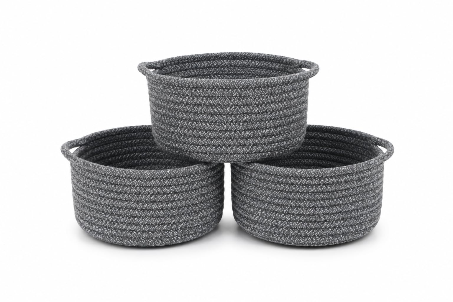 Small Woven Cotton Rope Baskets with Handles, Set of 3, Grey