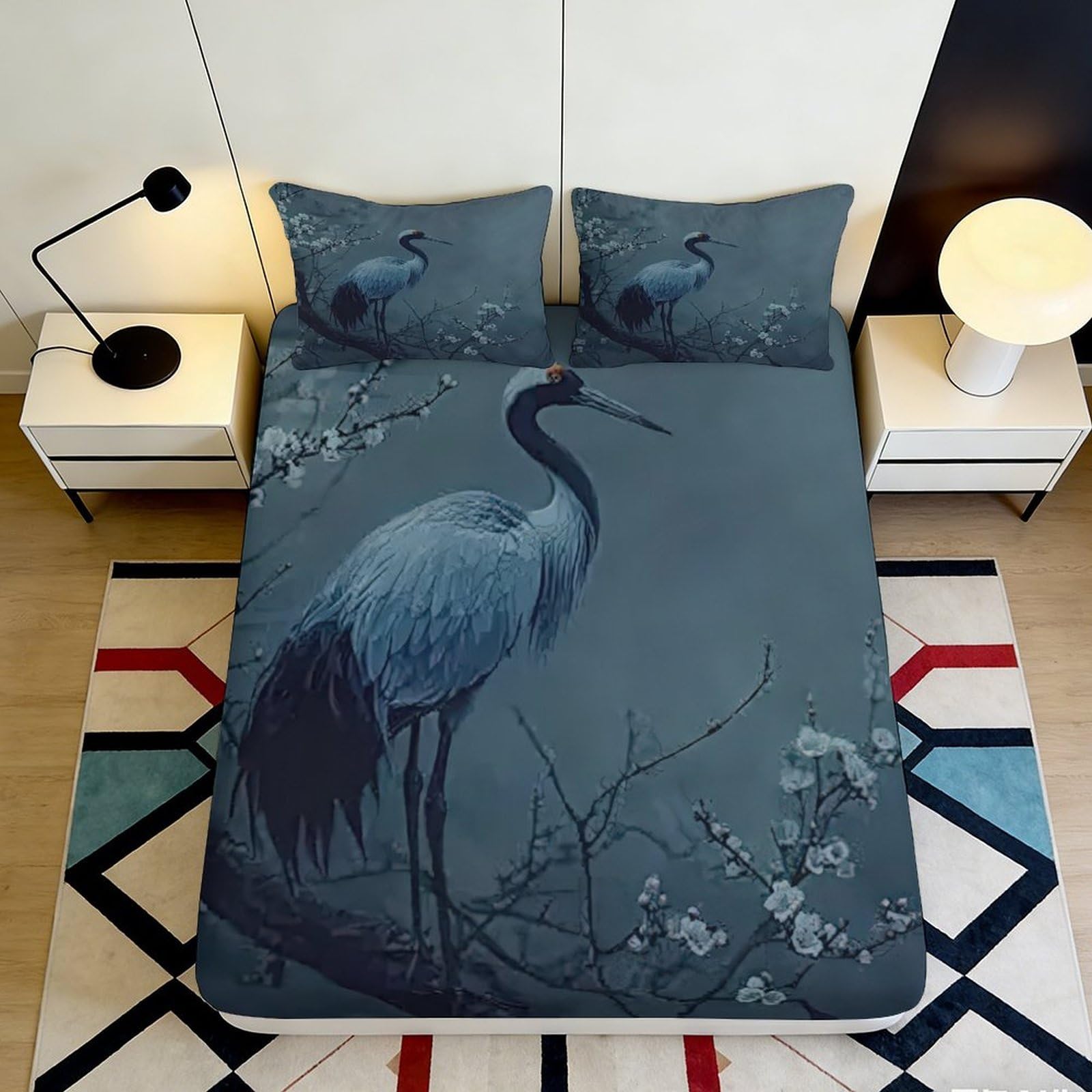 3D Printed Crane Pattern Fitted Sheet Microfiber Soft Breathable Plum Blossom Bed Cover for Bedroom Dormitory Guest Room Mattress Protection 200x200x25cm
