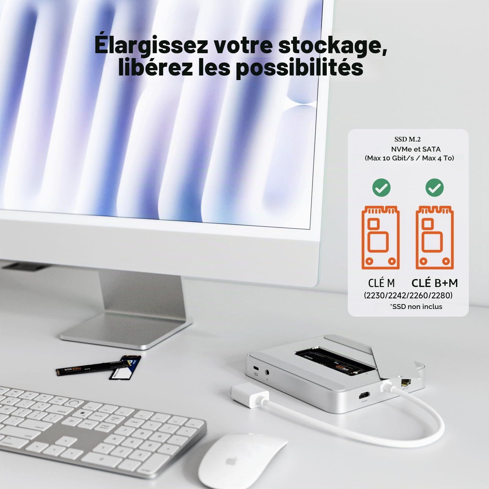 Minisopuru DS802PRO Accessoires pour iMac M1/M3/M4, Hub iMac avec HDMI 4K@60Hz, Charge USB C, 2,5GbE, Boîtier SSD M.2 4 to, 4 USB, SD/TF, Audio, Hub USB C pour iMac 24 Pouces | Argenté