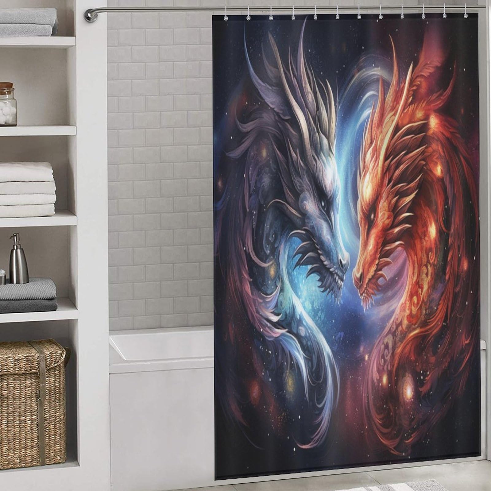 Rideau de douche dragon pour baignoire familiale tissu étanche et lavable avec 12 anneaux