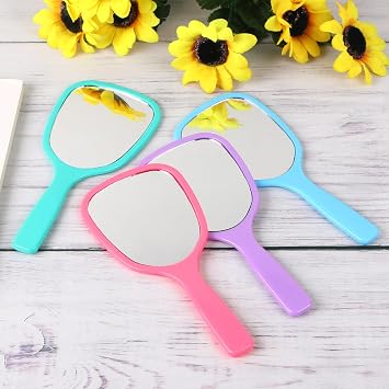MIDELONG Handheld Mirror Small Hand Mirror with Handle Compact Travel Makeup Mirror Handheld Cosmetic Personal Mirror Portable Vanity Mirror (Blue, Green, Pink, Purple,4 Pcs)