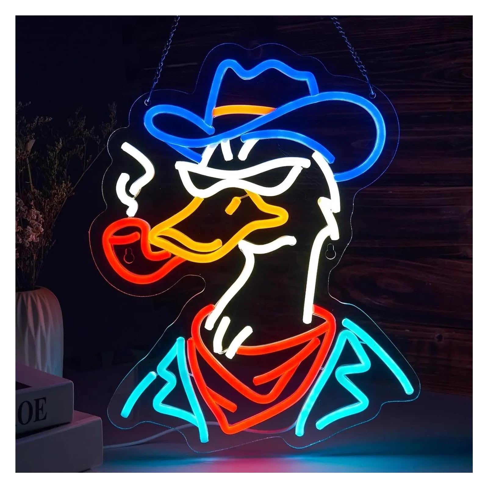 Rongch One Color Hanging Art Signs Duck Neon Sign Cowboy Cool Usb Dimmable For Wall Decor Man Cave Playroom Bedroom Bar Game Room Decor 42X33.5cm