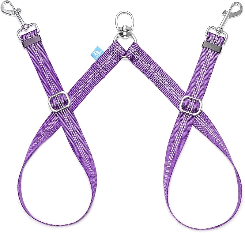 Guia Dupla para Cães BAAPET com Divisor Ajustável e Costura Refletiva Roxa, 50,8–81,28 cm