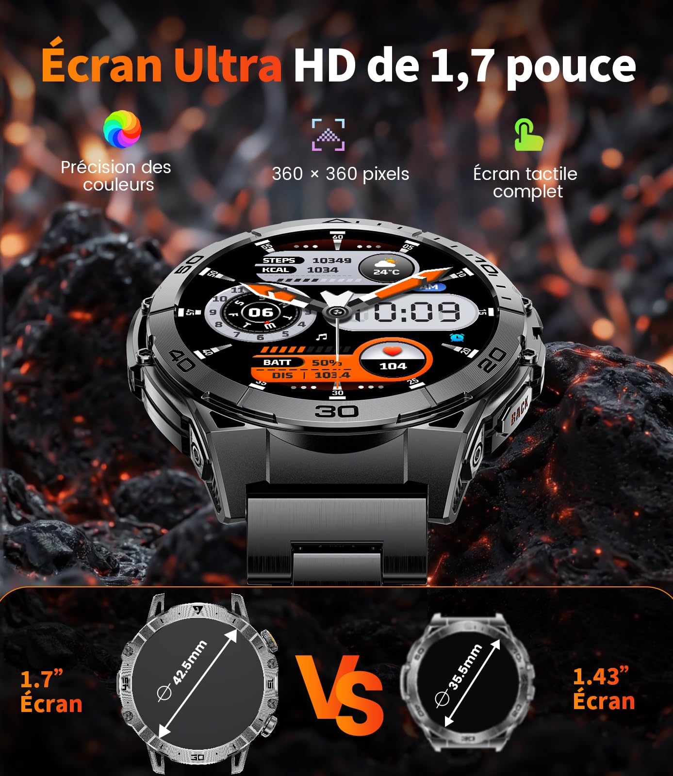 SUNKTA Montre Connectée Homme,1000mAh Longue Autonomie Batterie/1.7‘’ Grand Écran avec Appels/Lampe de Poche/IP68 Étanche Fréquence Cardiaque/Pédomètre,3 Bracelet Smartwatch pour Android iOS