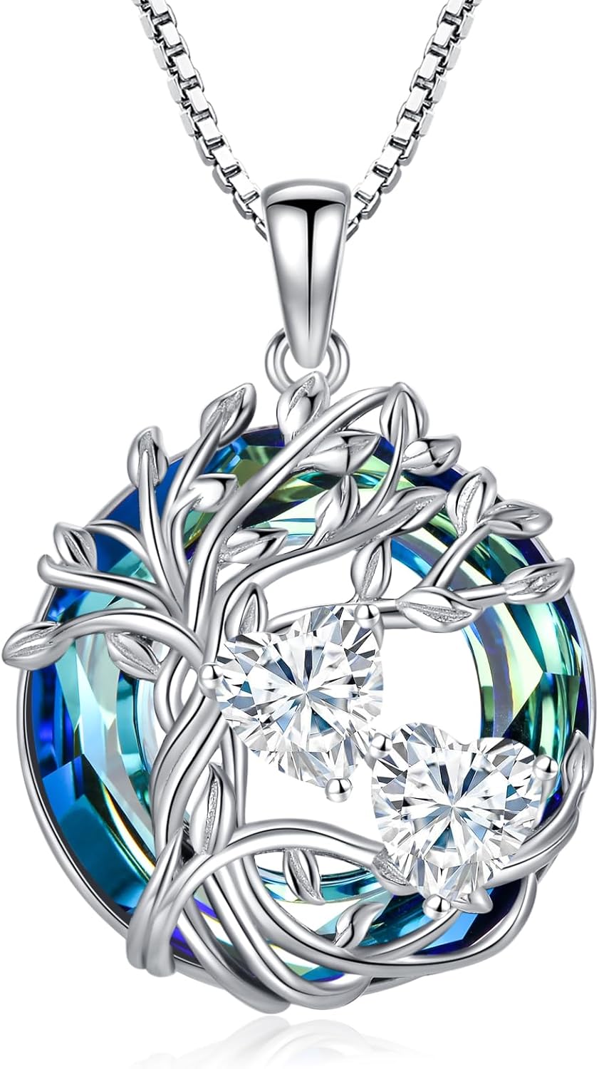 TOUPOP s925 Sterling Silver Family Celtic Tree of Life Pendant Necklaces with 2 Heart Birthstone with Blue Austrian Crystal Jewelry Birthday Valentines Day Gifts for Her, Anniversary Christmas Gifts for Wife Girlfriend Mom (18K Real White Gold Filled)