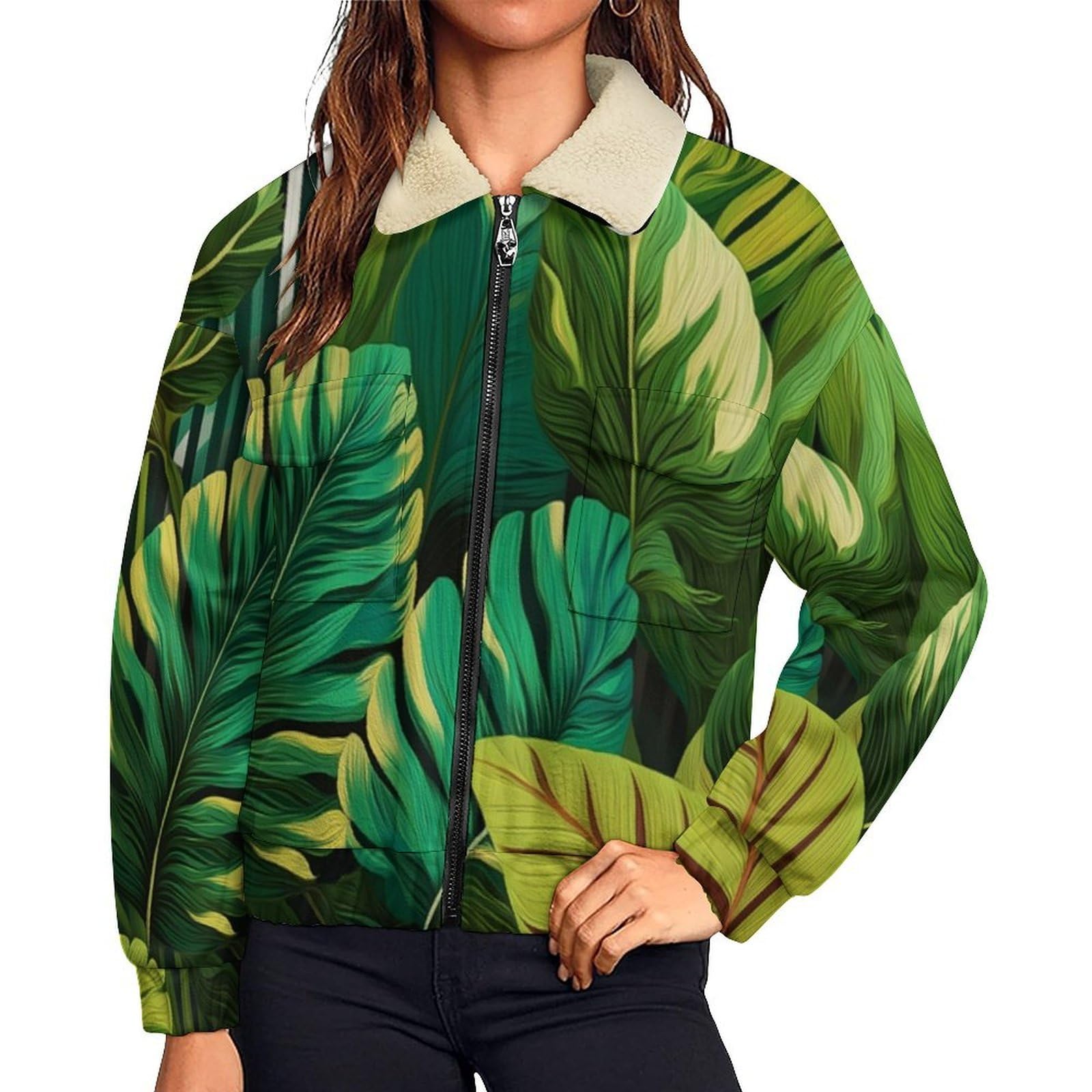 Felpa Donna Pile Invernale Caldo con Cerniera, Giacca da Camera Invernale Corta Pile Giacche, Piante Foglie di palma Cappotto In Peluche Sherpa Giubbotto Fleece Comoda