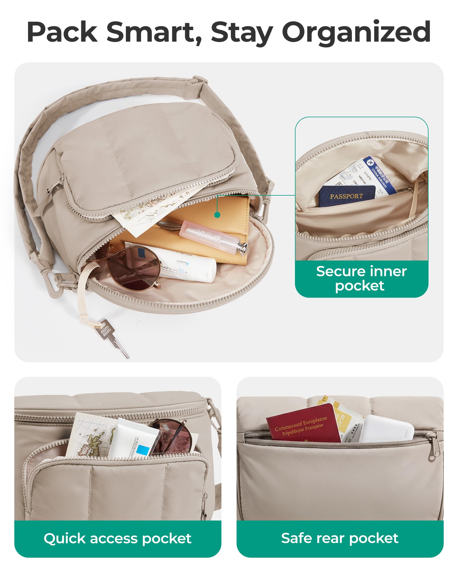 BAGSMART Spacious Puffy Bum Bags for Women, Crossbody Fanny Packs for Travel & Work, Waterproof Coated Mom Bag | 5L Roomy Purses, Large Fanny Pack, ideal for Moms, Long Outings, Everyday bum bag, Puffer, Nylon — view 5