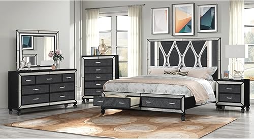 Galaxy Home Furnishings Crystal Queen - Juego de 4 piezas de madera para dormitorio acabado en negro