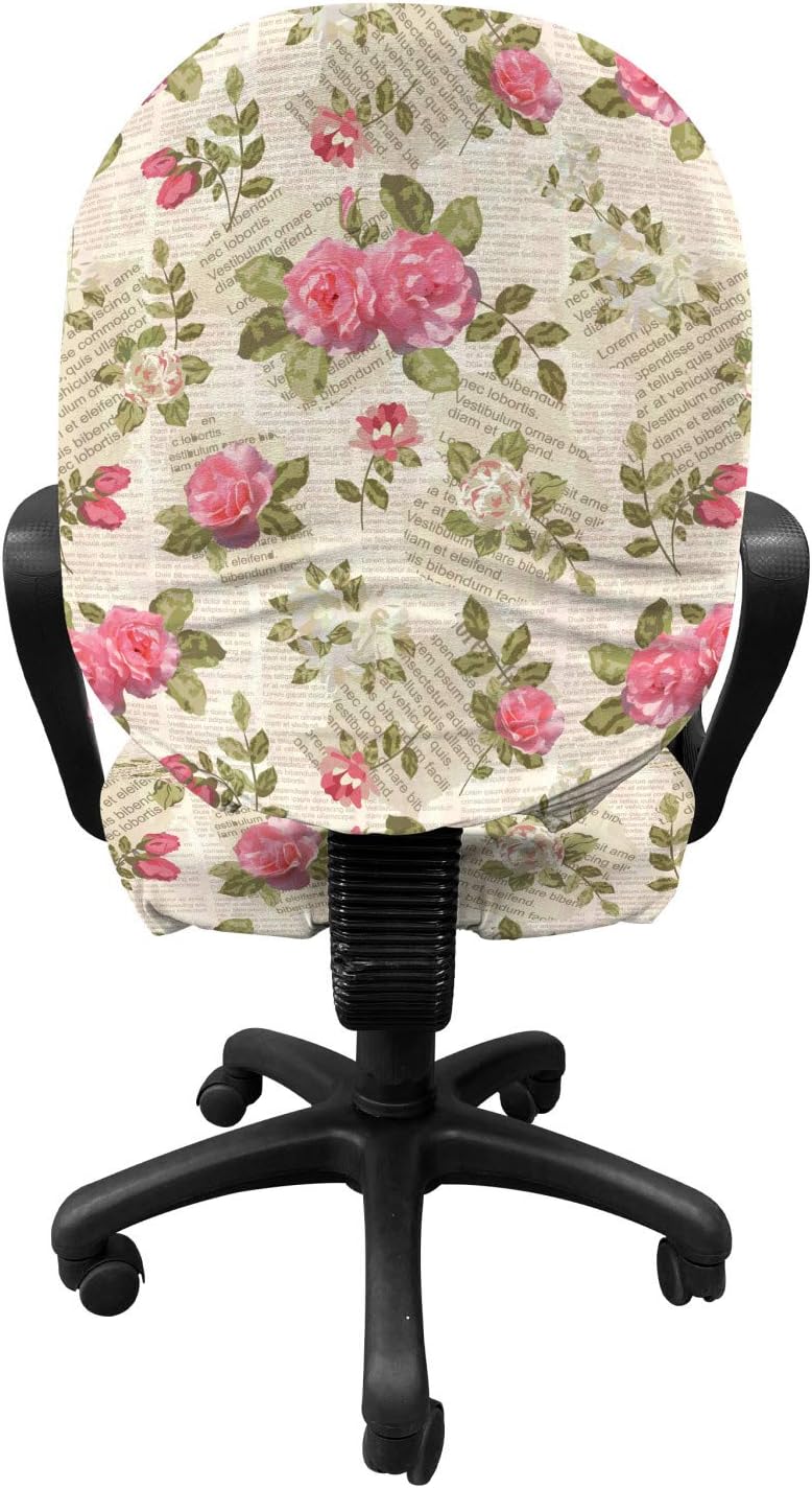 Lunarable Old Newspaper Office Chair Slipcover, Floral Composition Torn Paper with Texts Blossoming Pink Rose Bouquets, Protective Stretch Decorative Fabric Cover, Beige Pink Green