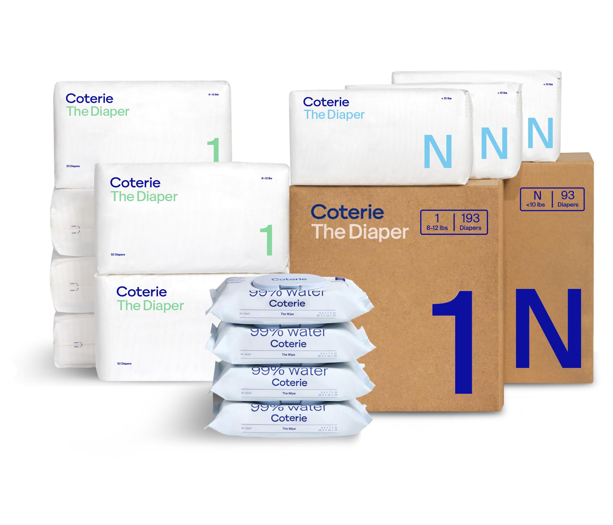 Coterie Baby Wipes + Diapers Kit, Size 1 (198 Count) & Size Newborn Diapers (93 Count), 4 Pack (224) Wipes with 99% Water, Plant Based Materials, Hypoallergenic for Sensitive Skin, Baby Essentials