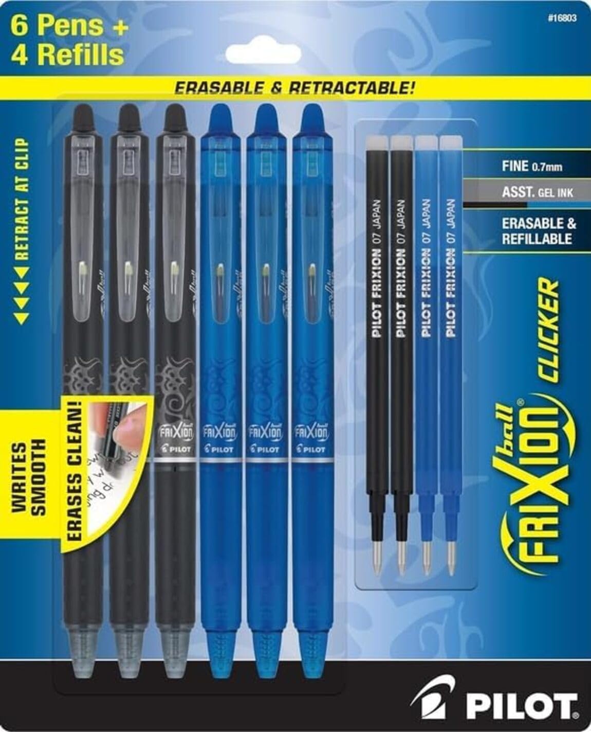 - FriXion Erasable Pens Retractable Gel Ink, 6 Pack (3 Black & 3 Blue) + 4 Bonus Refills, Fine Point 0.7mm Erasable Gel Pens