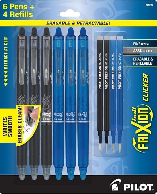 Bolígrafos borrables PILOT FriXion Clicker, punta fina de 0,7 mm, tinta negra | Bolígrafos de tinta de gel recargables y retráctiles, ideales para escribir en la escuela y la oficina, paquete de 3 bolígrafos de tinta negra y 3 azules con 4 recambios