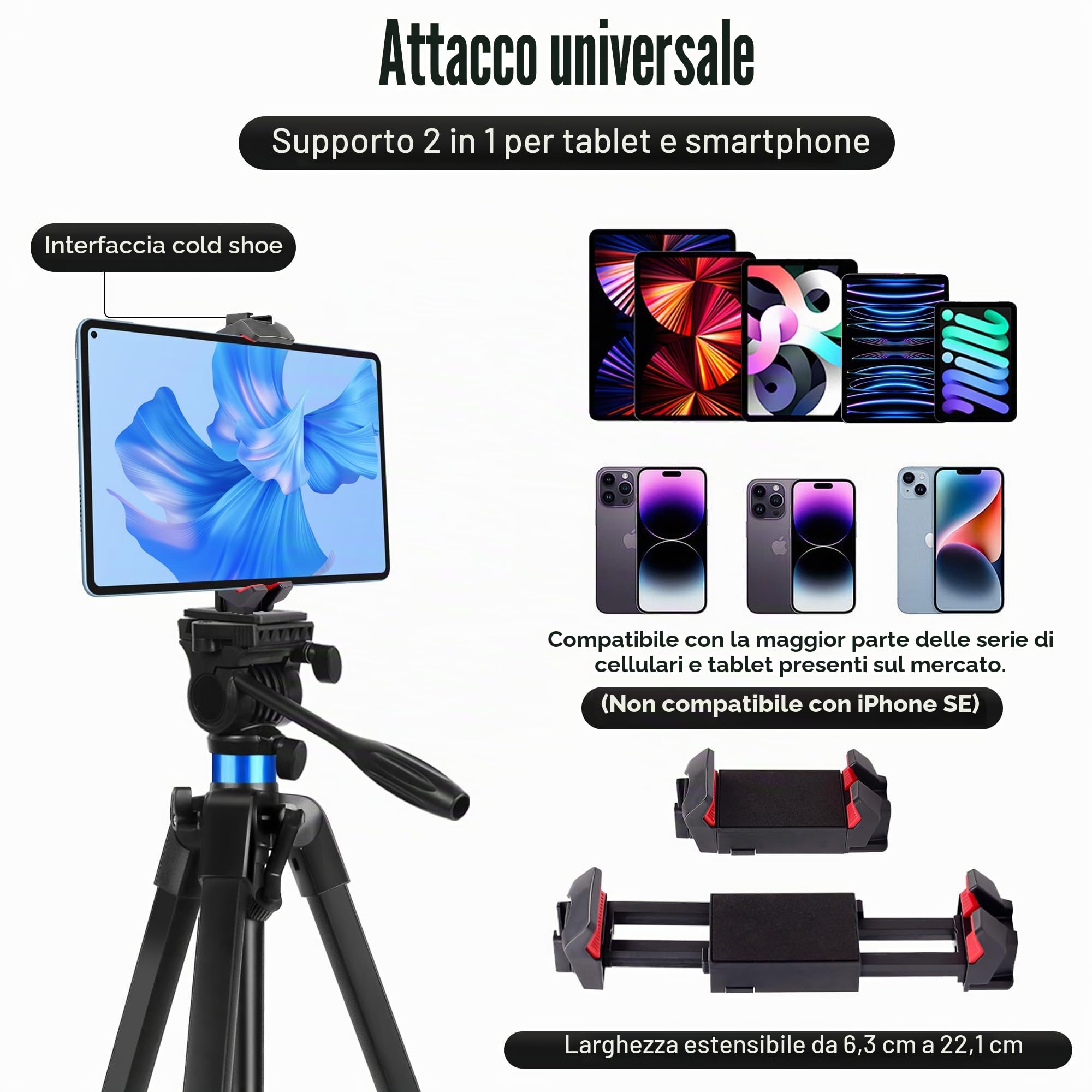Treppiede per Binocolo, Alluminio [173 cm + 25 cm] Telescopio Treppiede, con Adattatore Binocolo, 2 Piastre Sgancio Rapido, Supporto per Smartphone/iPad