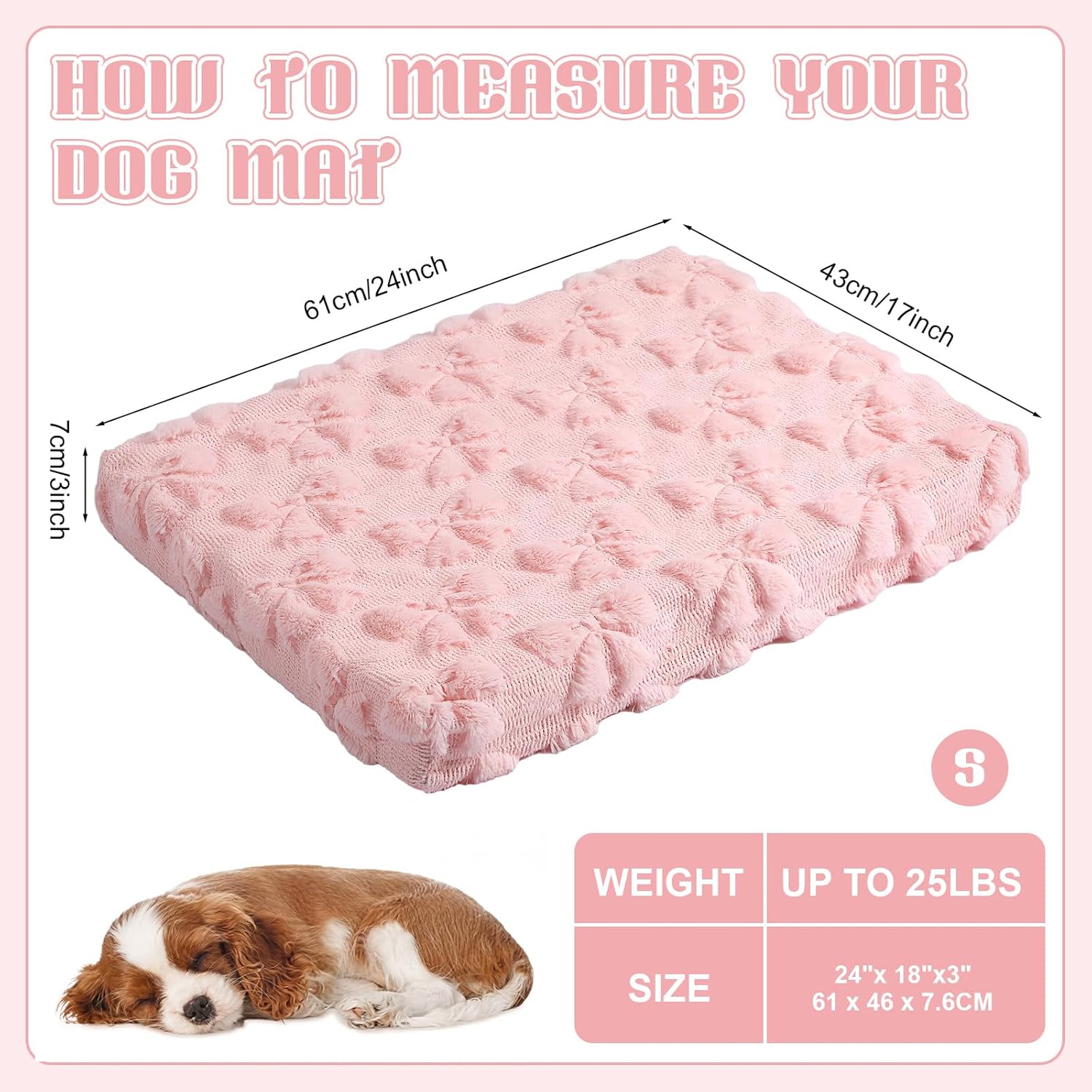 Geelin Pink Bow Dog Bed Mat Cute Dog Crate Pad with Removable Washable Cover Double Sided Cool and Warm 24 x 18.1 x 3 Inch Pink Puppy Bed