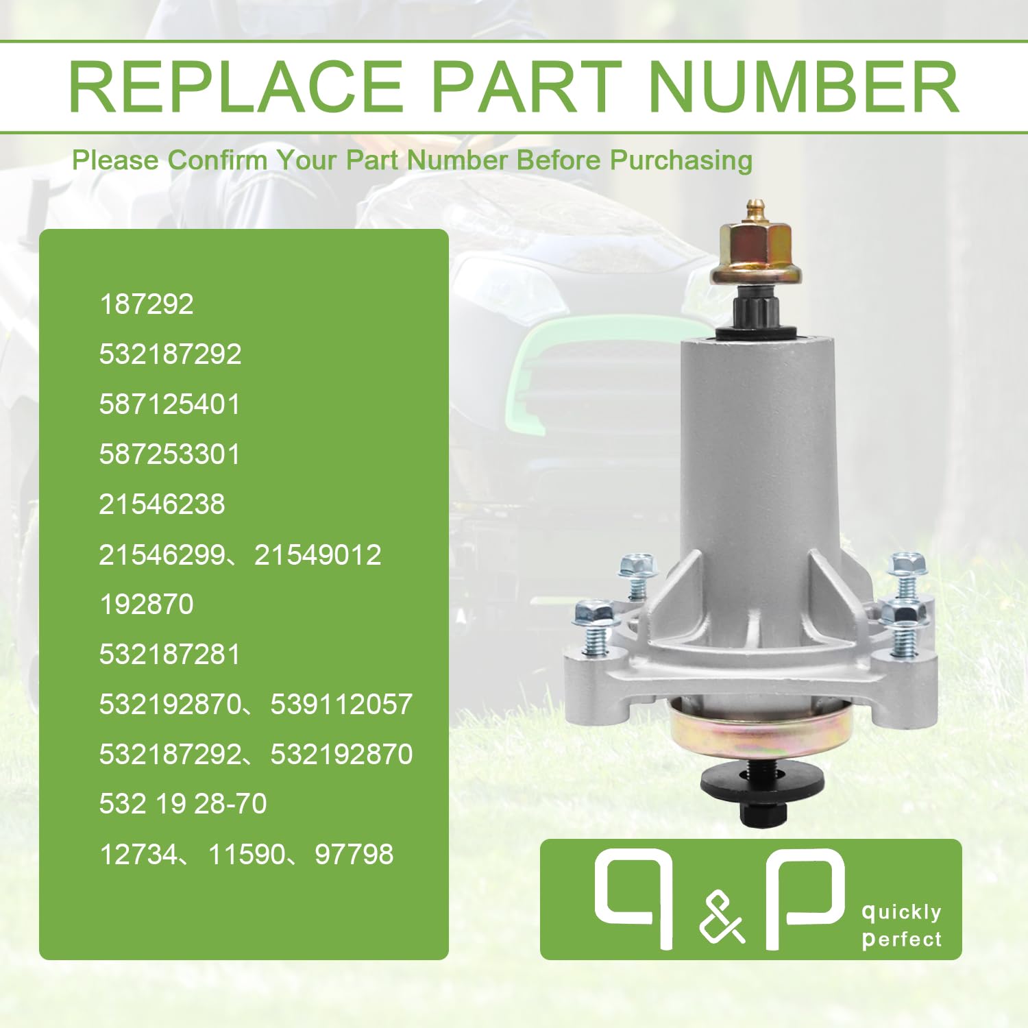 q&p Soporte de montaje de husillo sustituye a 187292, 587819701,532187281, 539112057, 587125401 compatible con 606140, XT22H48YT, 96051004500, AYP 106.7 cm, 116.7 cm. 8 cm / 12 cm. Cubiertas de 0.75 y