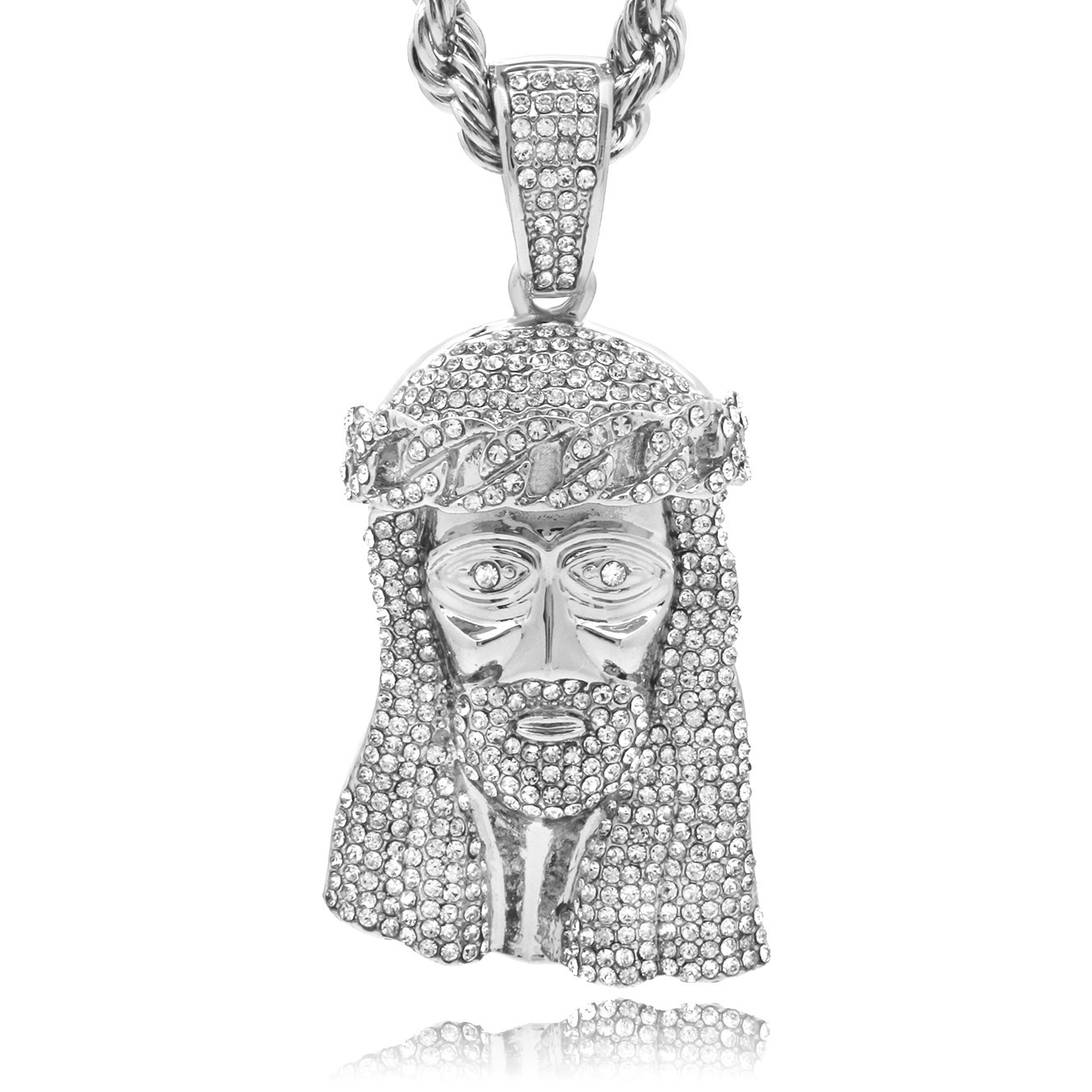 Silver Plated Hip Hop Fully CZ Cuban Crown Jesus Pendant w/ 6mm 30" Rope Chain