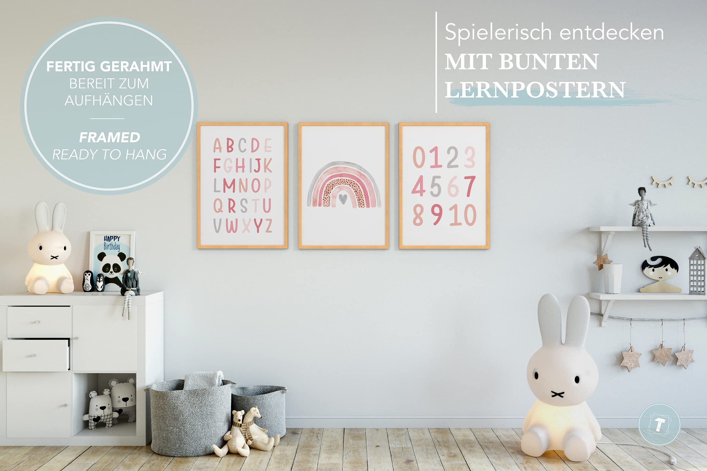 Papierschmiede® Kinderbilder 3er Set Lernposter, A3 gerahmt in Holzrahmen (Natur), Geschenk für Mädchen Kinderzimmer Vorschule| Alphabet Buchstaben, ABC Zahlen Regenbogen rosa