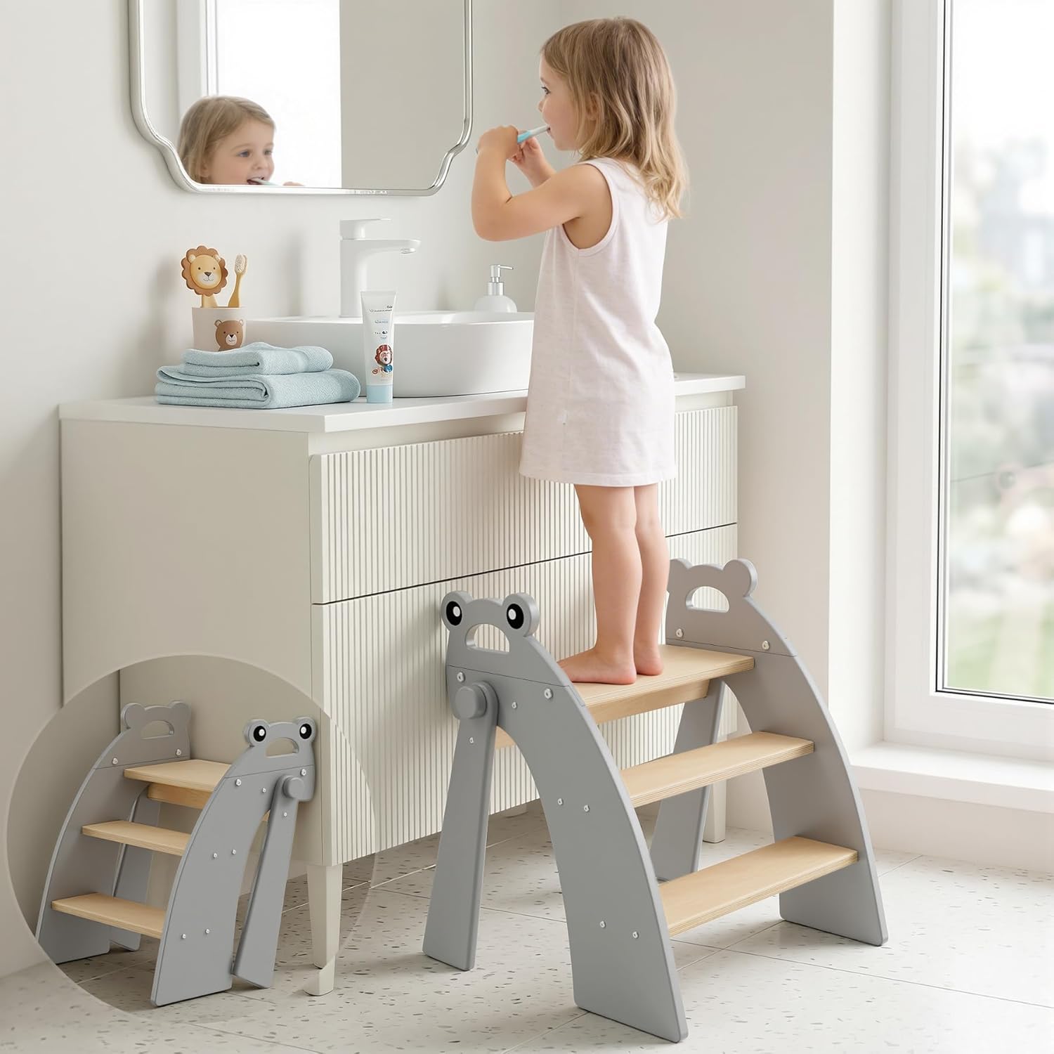 Wooden 3 Step Stool for Kids Bathroom Sink Foldable Anti-Slip, Child Stepping Stool for Kitchen Nursery Bedroom, Sturdy Non Slip Adult Stool for Closet