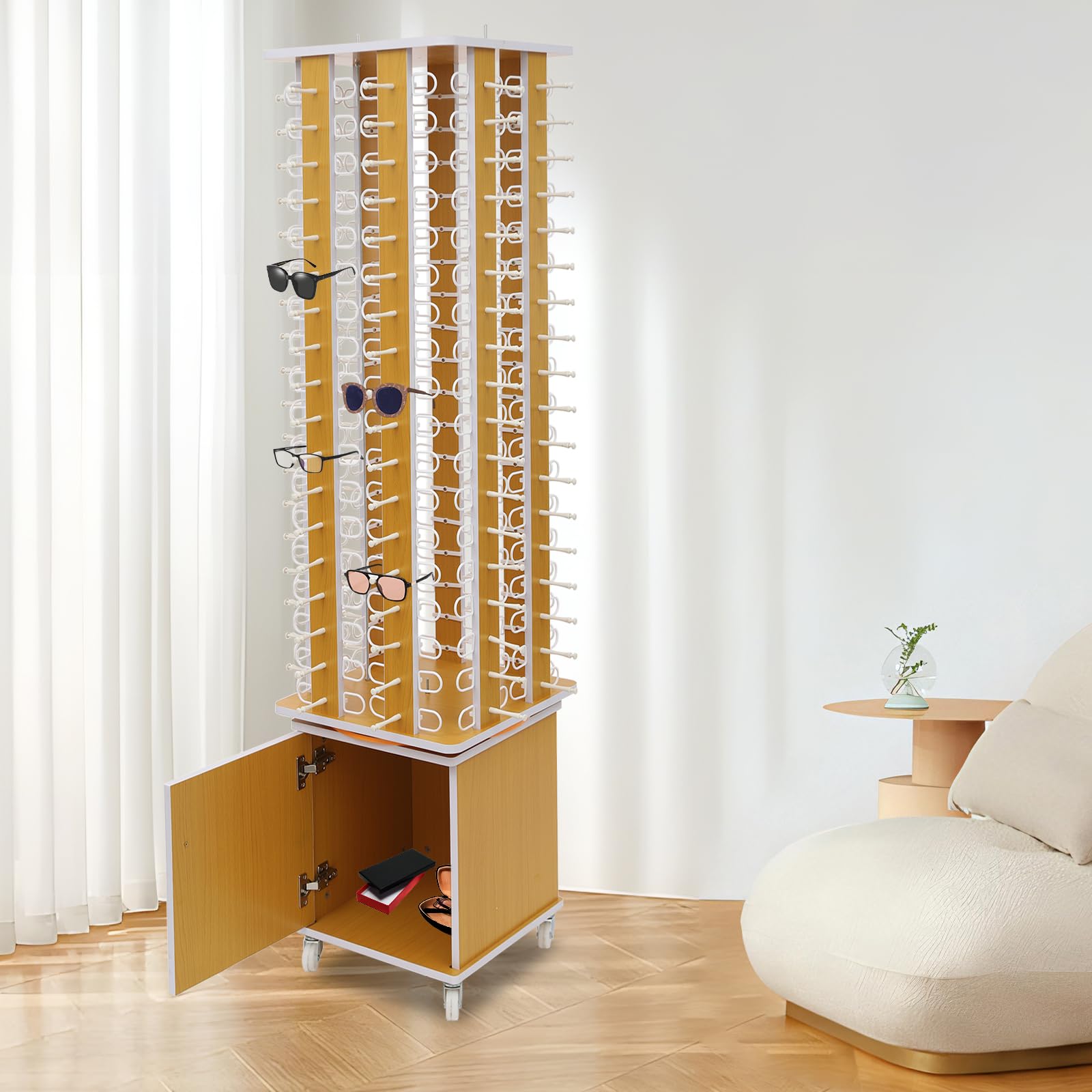 Soporte de exhibición para gafas de sol, estante giratorio de almacenamiento para 144 pares, soporte para gafas de pie con gabinete de almacenamiento, solución de exhibición comercial