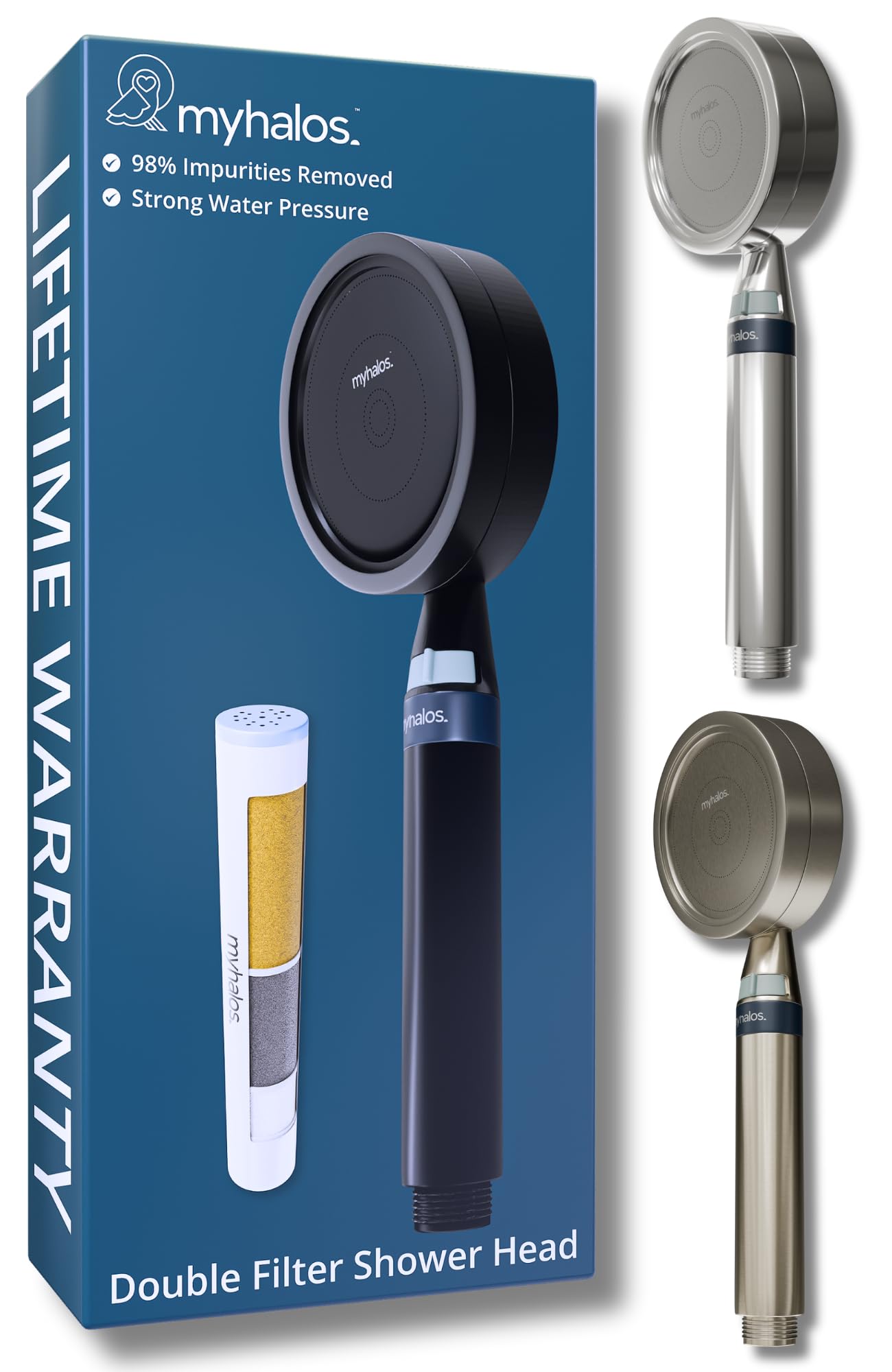 MyHalos® Shower Filter for Hard Water UK - High Pressure Filter Shower Head Set (no Hose) to Reduce Chlorine, Water Softener - Easy to Install Power Filtered Showerhead (Black)