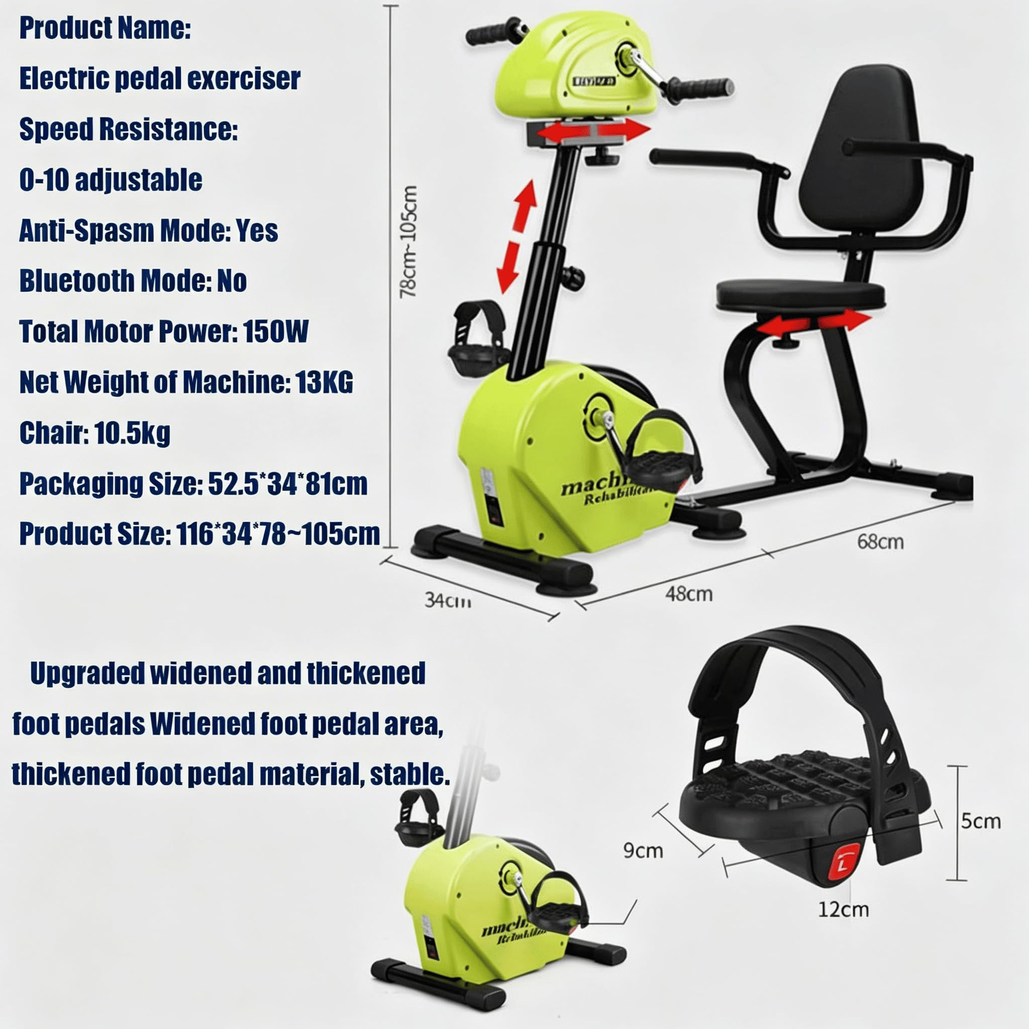 Pedal de rehabilitación eléctrico para Personas Mayores, Bicicleta estática para discapacitados, Equipo de Fitness para Ejercicios de Brazos, piernas y Rodillas en Interiores.,A02