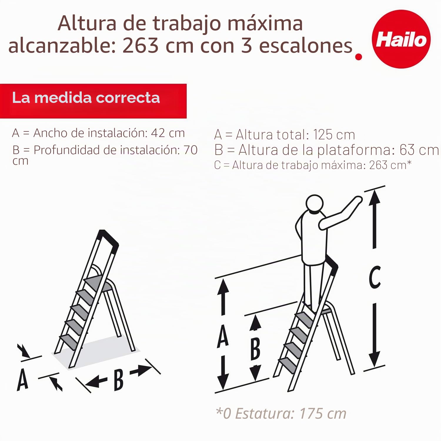 HAILO 8040-307 - Escalera de tijera de aluminio con peldaño ancho XXL EasyClix (3 peldaños)