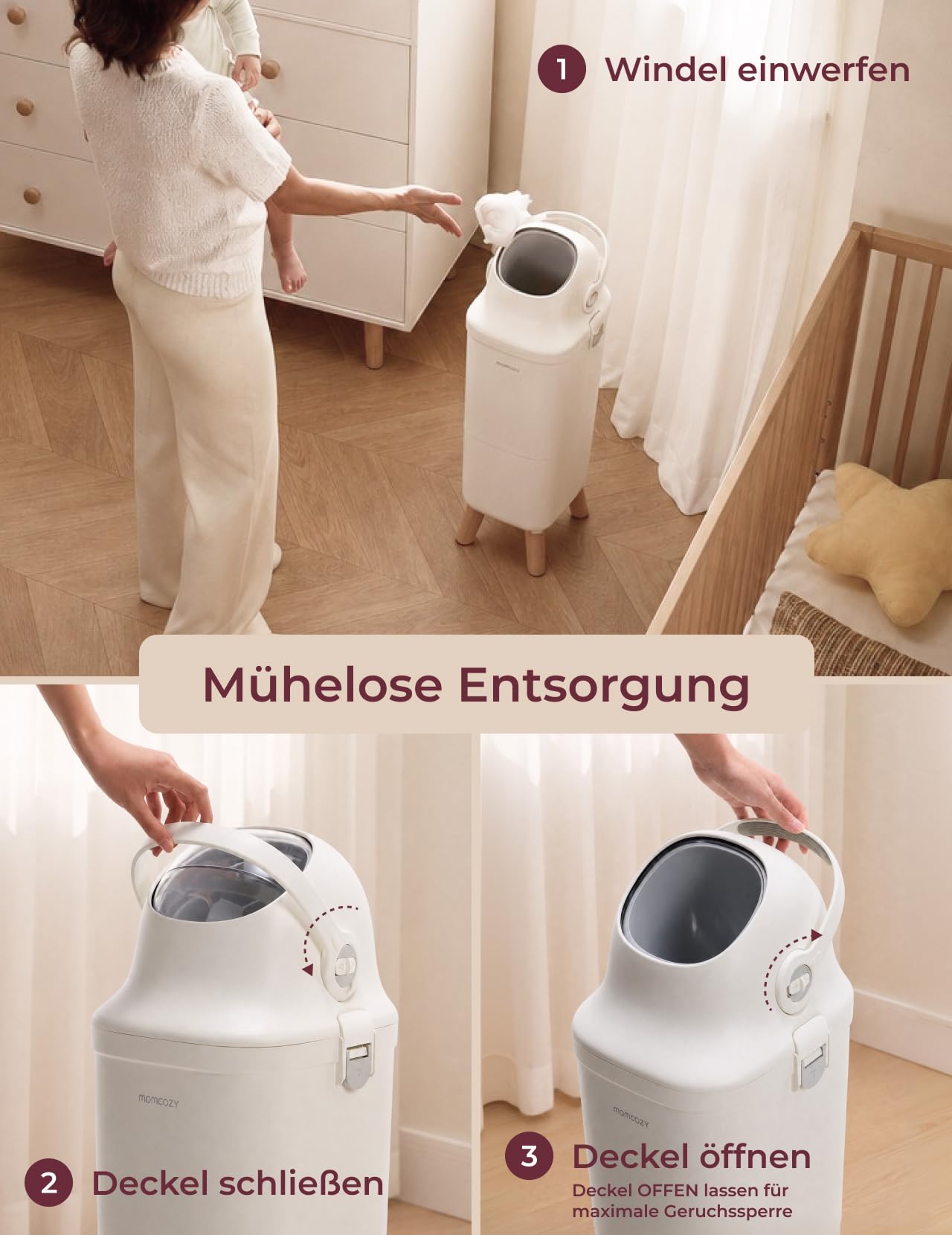 Momcozy Windeleimer mit 3-fach-Verschlusssystem zur Reduzierung von Gerüchen, windeleimer geruchsdicht breite Öffnung, ergonomische Höhe, großes Fassungsvermögen mit Sichtfenster, diaper bin