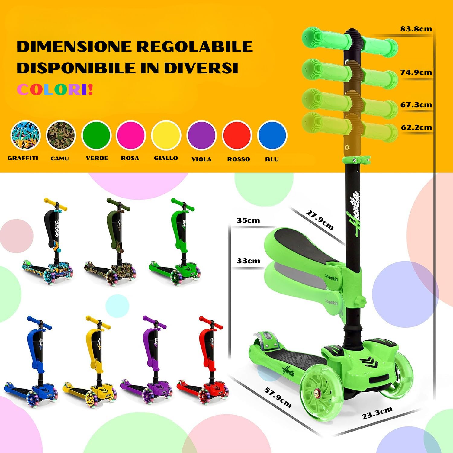 Hurtle Monopattino Bambino, Monopattino Bambina, Monopattino a 3 Ruote, Regolabile in Altezza con Sedile Pieghevole, Scooter per Bambini e Bambine con Ruote LED Multicolore, Dai 1 ai 14 Anni