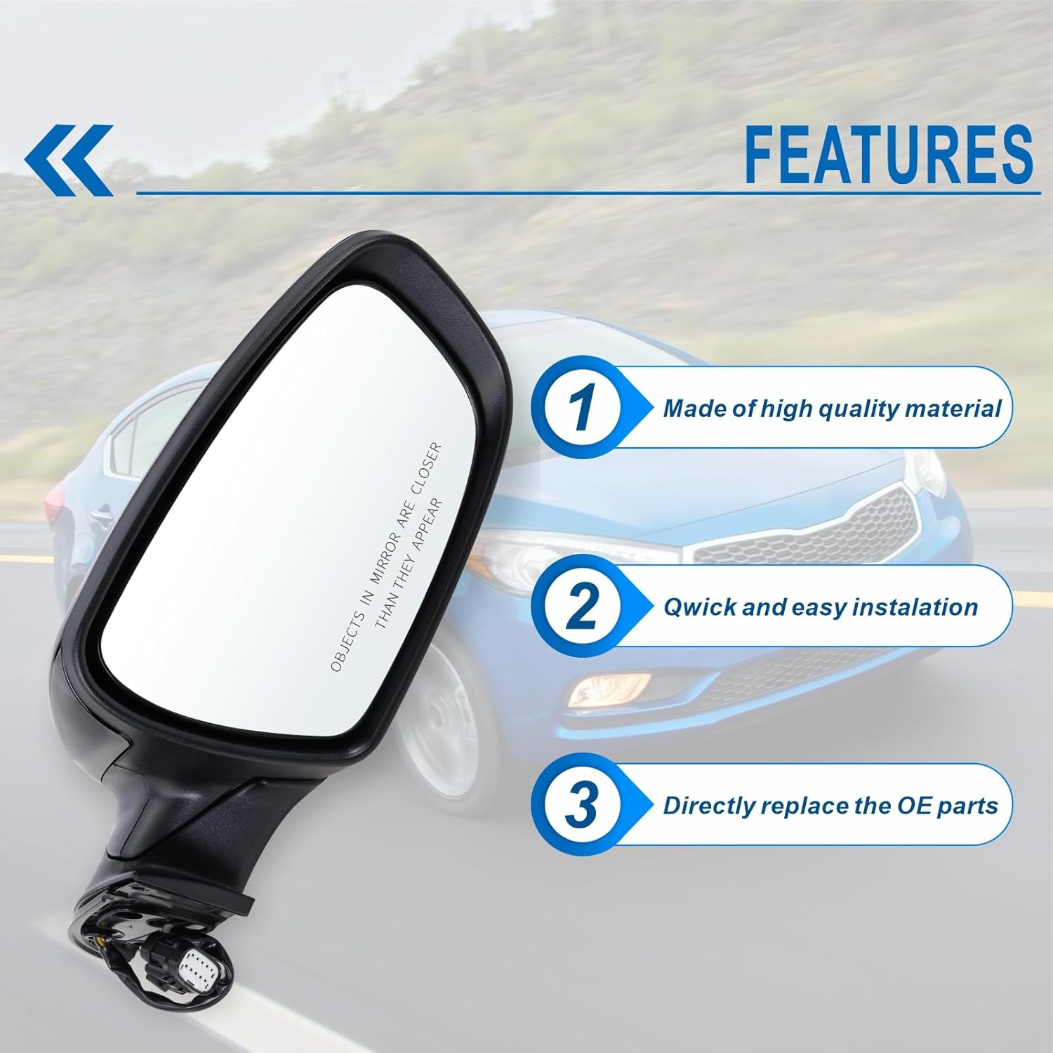 Right Passenger Side Mirror Compatible with 2014 2015 2016 Kia Forte with Manual Folding power glass Heated Black Replace# KI1321181(5 Pins)