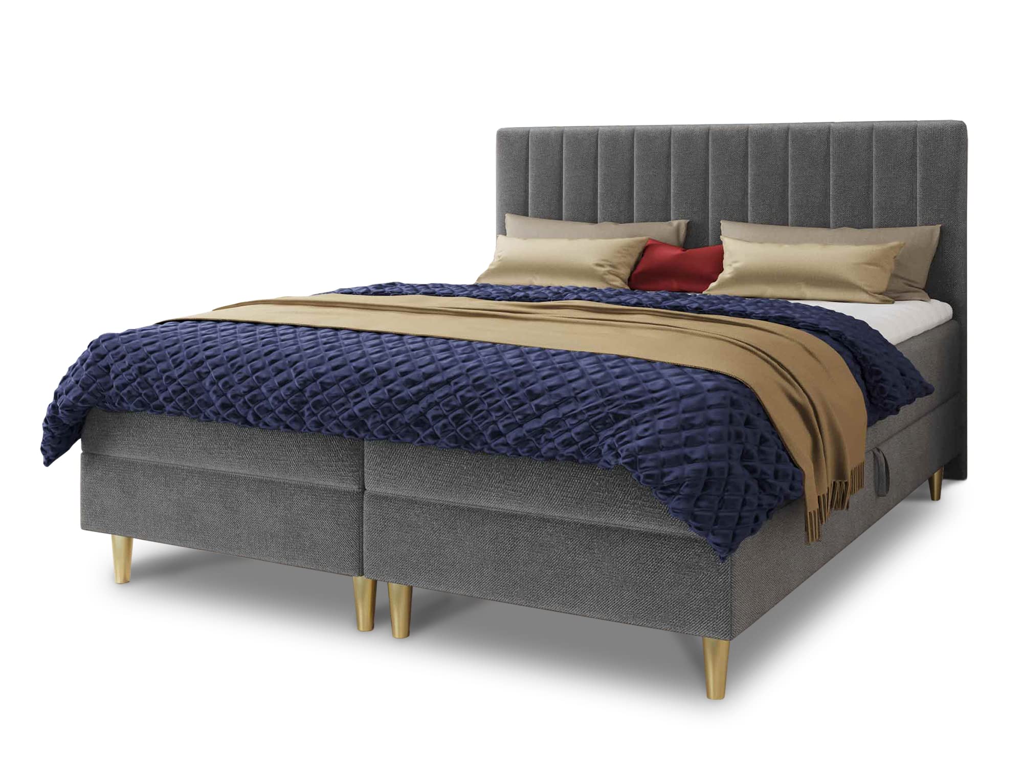 Sofnet Boxspringbett Gold mit 2 Bettkästen und Topper - Doppelbett, Bonell-Matratze, Polsterbett, Bett mit Matratzentopper, Schlafzimmer, Velours Stoff (Grau (Manila 16), 180 x 200 cm)